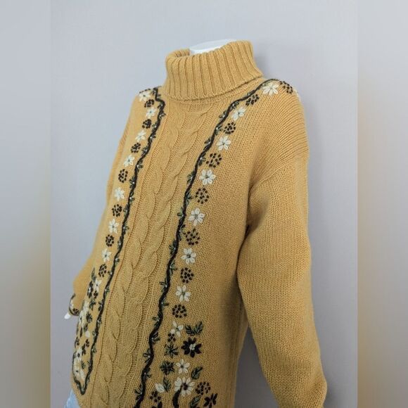 Women's cable knit wool turtle neck embroidered flowers Point Zero 90s M - Picture 7 of 10